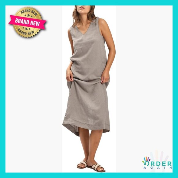 Dresses & Skirts - Linen Sleeveless V-Neck Midi Dress with Slit Casual Chic Relaxed Fit